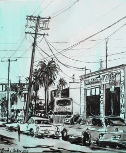 Abbot Kinney 1 | 24″ x 24″ x 2″ | ink & acrylic on canvas | by Brooke Harker | SOLD