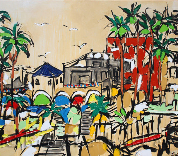 Venice Town | 24″ x 36″ x 1.75″ | ink, acrylic & oil on canvas | by Brooke Harker