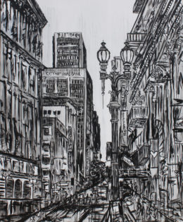 Street Lamps of LA | 84″ x 66″ x 3.75″ | ink & acrylic on canvas | by Brooke Harker | SOLD