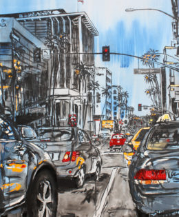 Beverly Hills Traffic | 66″ x 46″ x 3.75″ | ink, acrylic & oil on canvas | by Brooke Harker | SOLD