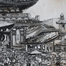 Tokyo Temple Umbrellas | 72″ x 51″ x 3.75″ | ink & acrylic on canvas | by Brooke Harker