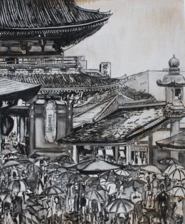 Tokyo Temple Umbrellas | 72″ x 51″ x 3.75″ | ink & acrylic on canvas | by Brooke Harker