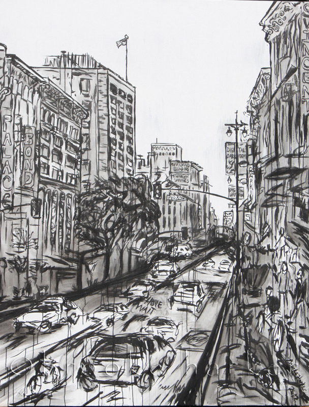 Afternoon Downtown 2 | 84″ x 66″ x 3.75″ | ink & acrylic on canvas | by Brooke Harker | SOLD