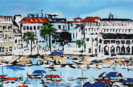 Tanzania Harbor | 34″ x 61.5″ | ink, oil & acrylic on canvas | by Brooke Harker | SOLD