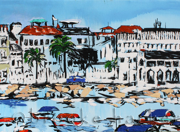 Tanzania Harbor | 34″ x 61.5″ | ink, oil & acrylic on canvas | by Brooke Harker | SOLD