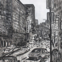 Urban Rain | 84″ x 66″ x 3.75″ | ink & acrylic on canvas | by Brooke Harker | SOLD