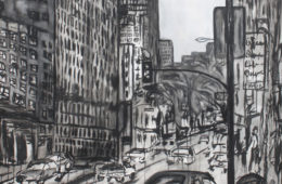 Urban Rain | 84″ x 66″ x 3.75″ | ink & acrylic on canvas | by Brooke Harker | SOLD