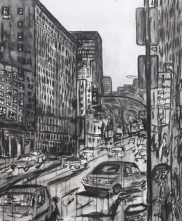 Urban Rain | 84″ x 66″ x 3.75″ | ink & acrylic on canvas | by Brooke Harker | SOLD