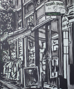 Irish Pub | 45″ x 22″ | ink & acrylic on canvas | by Brooke Harker | SOLD