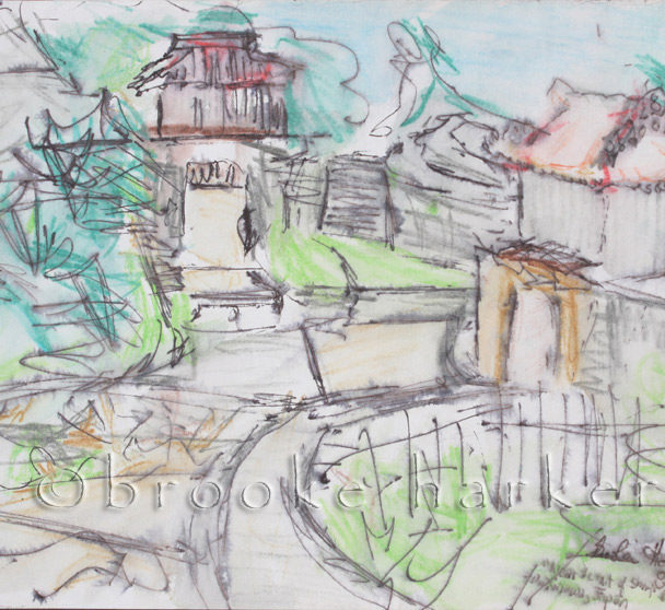 Shuri Castle Exit | 6″ x 9″ | Ink, watercolor, pencil | SOLD