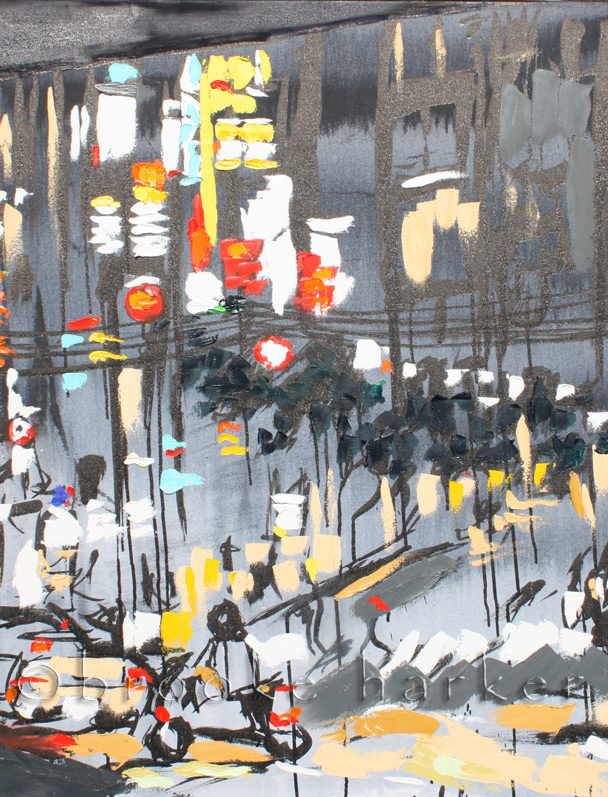 Tokyo Night 1 | 36″ x 36″ x .75″ | ink, oil & acrylic on canvas | by Brooke Harker | SOLD