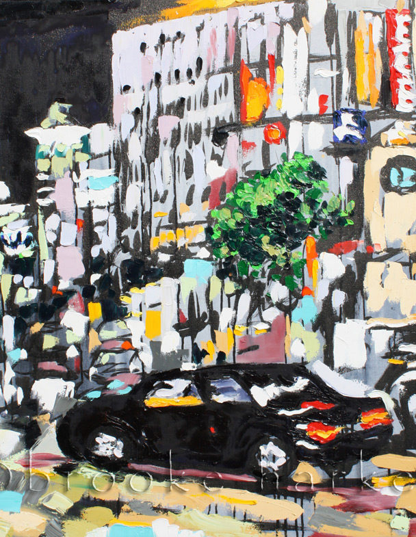 Tokyo Night 2 | 36″ x 36″ x .75″ | ink, oil & acrylic on canvas | by Brooke Harker | SOLD