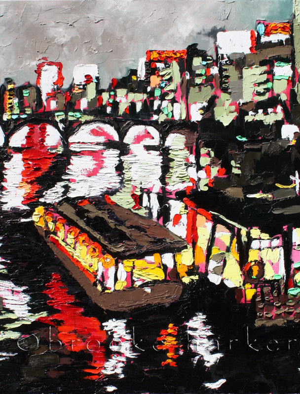 Tokyo Night Boats | 36″ x 36″ x .75″ | ink, oil & acrylic on canvas | by Brooke Harker | SOLD