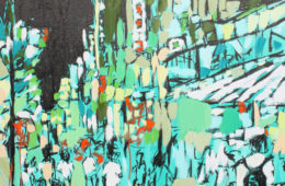 Tokyo Lights | 36″ x 36″ x .75″ | ink, oil & acrylic on canvas | by Brooke Harker