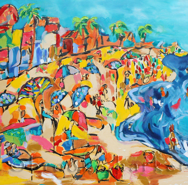 Santa Monica Sunshine | 36″ x 48″ x .75″ | ink, oil & acrylic on canvas | by Brooke Harker | SOLD