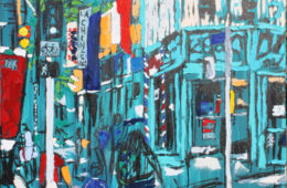 Silverlake Crossing | 32″ x 30″ x 1.75″ | ink, oil & acrylic on canvas | by Brooke Harker | SOLD