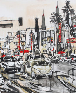 Grauman’s Chinese Theater | 60″ x 60″ x 2″ | ink, oil & acrylic on canvas | by Brooke Harker | SOLD