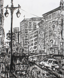 Afternoon Downtown 1 | 84″ x 66″ x 3.75″ | ink & acrylic on canvas | by Brooke Harker | SOLD