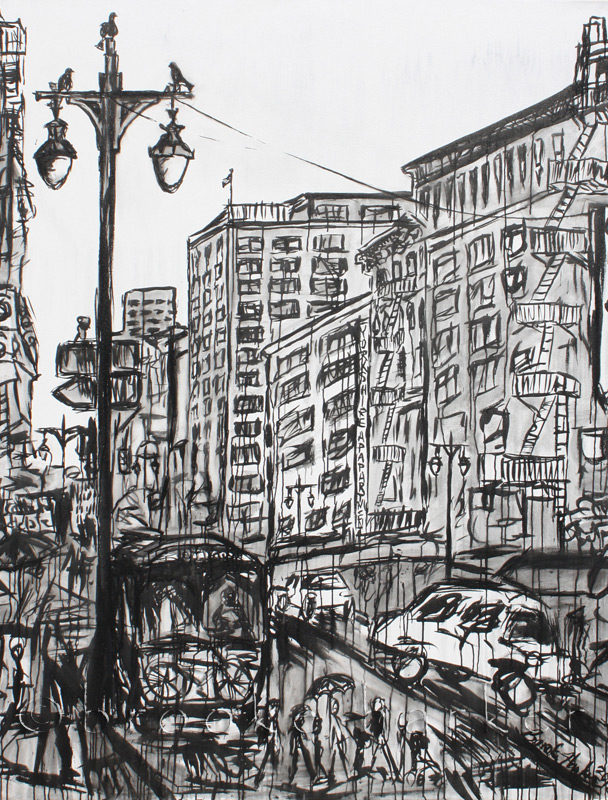 Afternoon Downtown 1 | 84″ x 66″ x 3.75″ | ink & acrylic on canvas | by Brooke Harker | SOLD