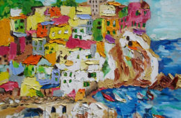 “Manarola”  | 16″ x 20″ | Ink, Oil & Acrylic on Canvas | by Brooke Harker | SOLD