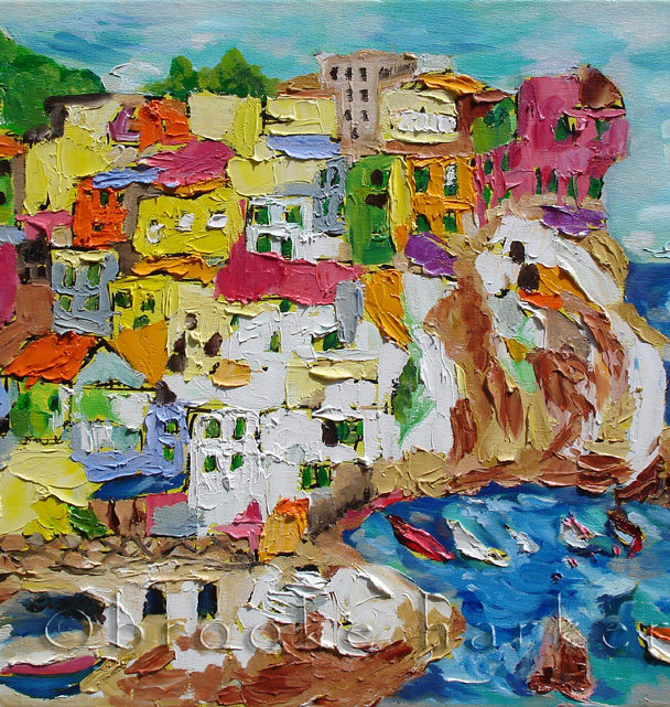 “Manarola”  | 16″ x 20″ | Ink, Oil & Acrylic on Canvas | by Brooke Harker | SOLD