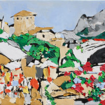 Honoring Mostar, Bosnia | 20″ x 34″ x .75″ | ink, oil & acrylic on canvas | by Brooke Harker | SOLD