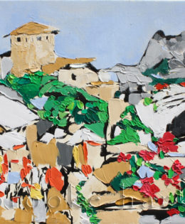 Honoring Mostar, Bosnia | 20″ x 34″ x .75″ | ink, oil & acrylic on canvas | by Brooke Harker | SOLD