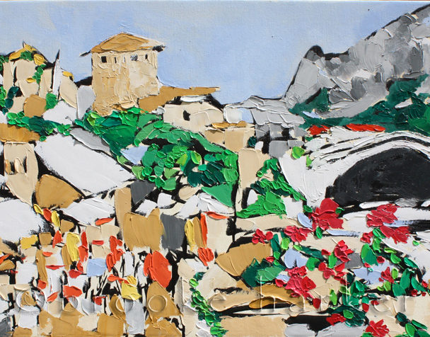 Honoring Mostar, Bosnia | 20″ x 34″ x .75″ | ink, oil & acrylic on canvas | by Brooke Harker | SOLD