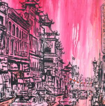 Chinatown Skies| 68″ x 50″ x 2.75″ | ink, oil & acrylic on canvas | by Brooke Harker