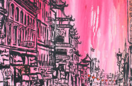 Chinatown Skies| 68″ x 50″ x 2.75″ | ink, oil & acrylic on canvas | by Brooke Harker