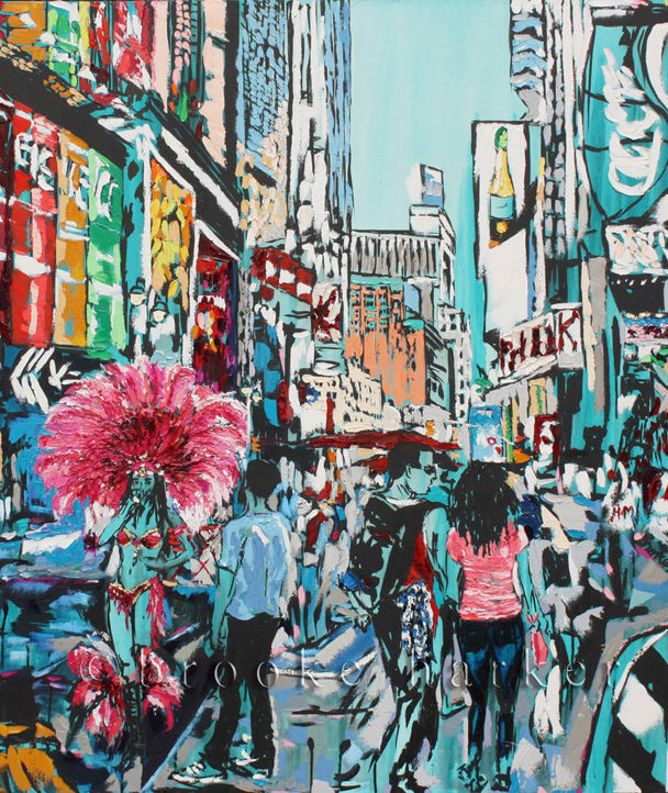 Vacation in the City | 48 x 48 | ink, oil & acrylic on canvas | by Brooke Harker