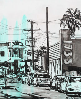 Abbot Kinney 2 | 24″ x 24″ x 2″ | ink & acrylic on canvas | by Brooke Harker