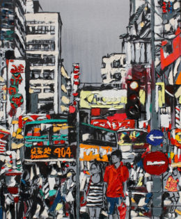 Hong Kong Crossing | 40″x 26″ x 2.75″ | ink, oil & acrylic on canvas | by Brooke Harker | SOLD