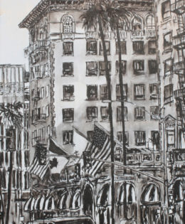 Wilshire Taxi 2 | 72″ x 37″ x 2.75″ | ink & acrylic on canvas | by Brooke Harker | SOLD