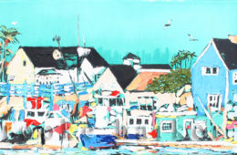 Coastal Town | 18″ x 72″ x 2.75″ | ink, oil & acrylic on canvas | by Brooke Harker | SOLD