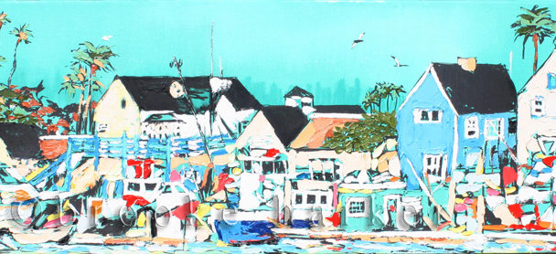 Coastal Town | 18″ x 72″ x 2.75″ | ink, oil & acrylic on canvas | by Brooke Harker | SOLD