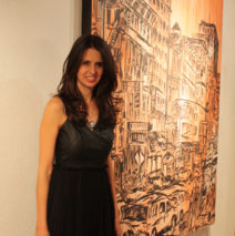 artist Brooke Harker with 7ft painting of Soho, New York