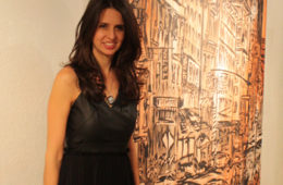 artist Brooke Harker with 7ft painting of Soho, New York