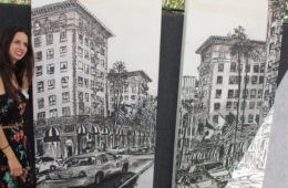 Brooke Harker with paintings of The Beverly Wilshire Hotel