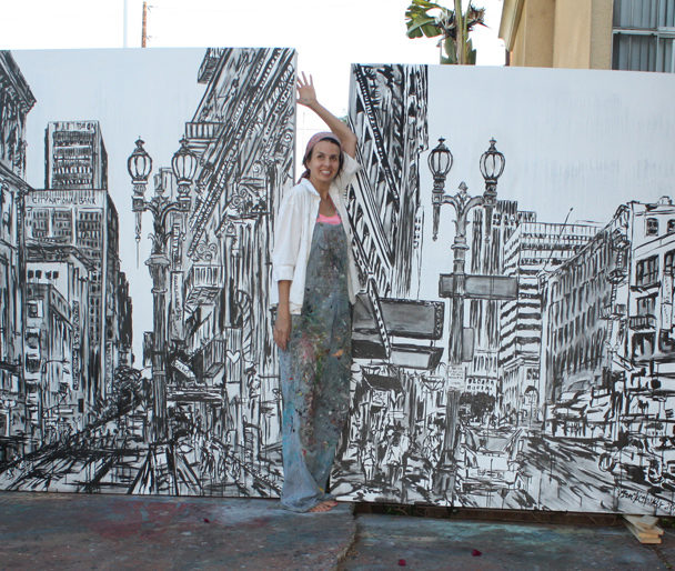 artist Brooke Harker with original paintings Street Lamps of LA 1 & 2