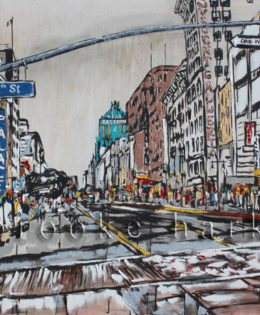 Broadway & 6th | 46 x 90 x 3.75 | ink, oil & acrylic on canvas | by Brooke Harker | SOLD