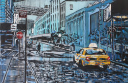 “Brooklyn at Dusk” | 54″ x 78″ | ink, oil & acrylic on canvas | by Brooke Harker | SOLD