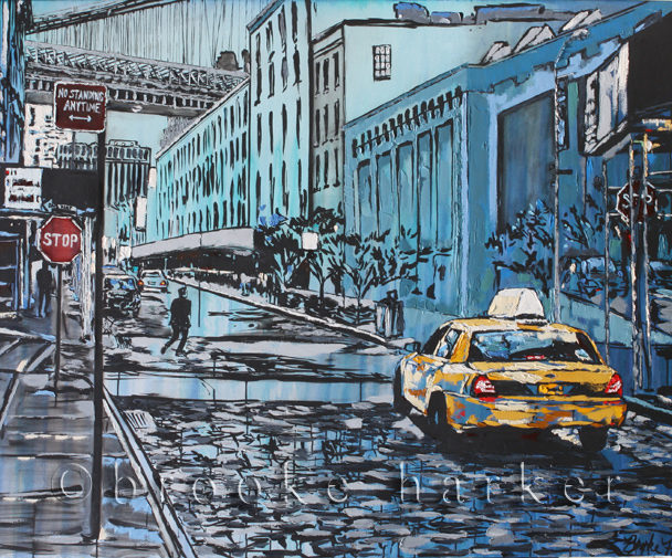 “Brooklyn at Dusk” | 54″ x 78″ | ink, oil & acrylic on canvas | by Brooke Harker | SOLD