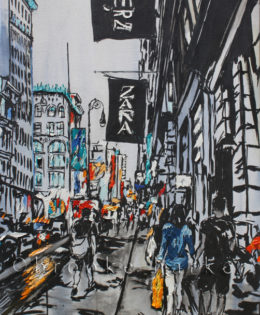 “Forever New Yorkers” | 40″ x 28″ x 2.75″ | ink, oil & acrylic on canvas | by Brooke Harker | SOLD