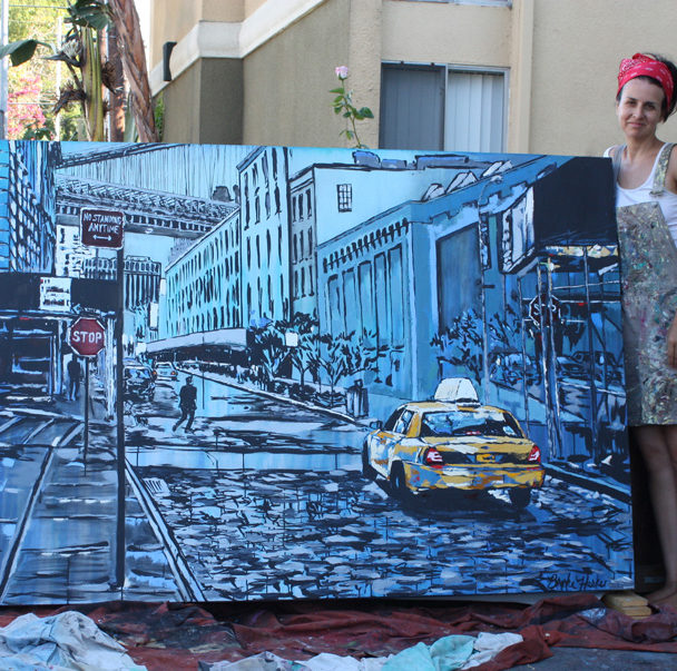 artist Brooke Harker with “Brooklyn at Dusk”