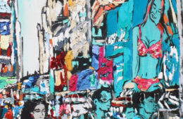 Vacation in the City 2 |45″ x 22″ x 2.75″ | ink, oil & acrylic on canvas | by Brooke Harker