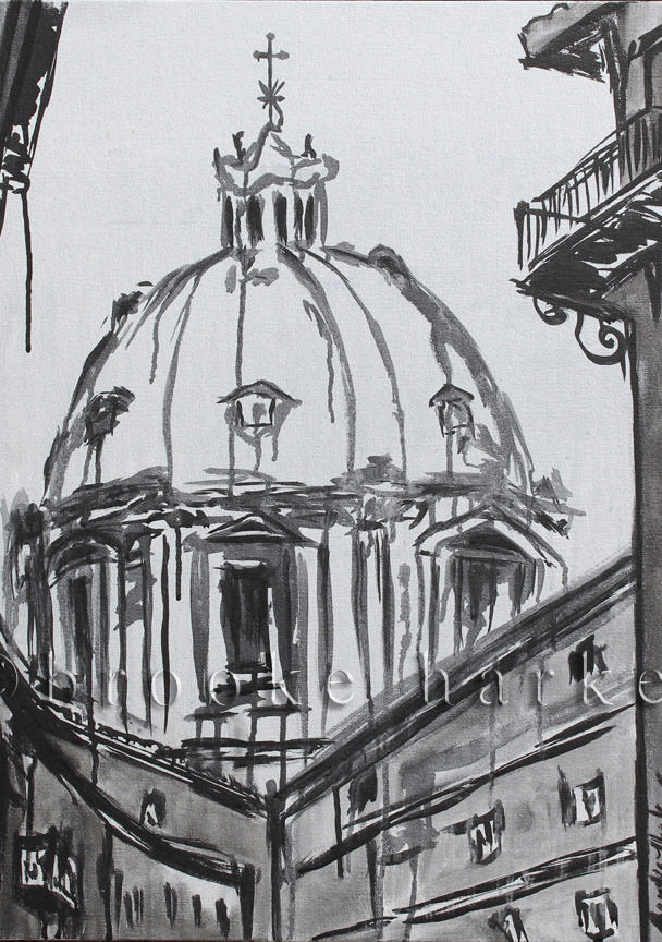 A Moment in Rome | 26 x 26 | ink & acrylic on canvas | by Brooke Harker | SOLD