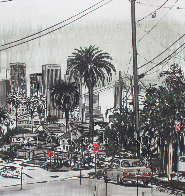 A View From Angelino Heights | 34 x 38 | ink & acrylic on canvas | by Brooke Harker | SOLD