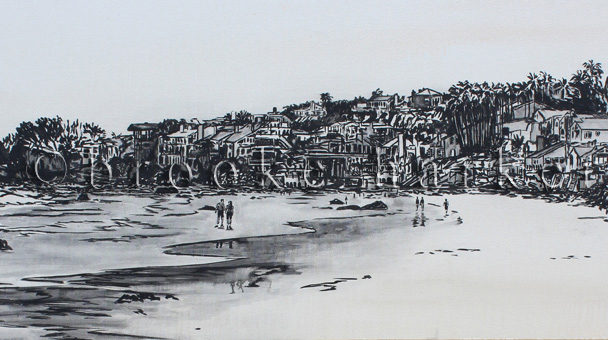 Memoirs of the Shore | 25 x 74 | ink & acrylic on canvas | by Brooke Harker | SOLD