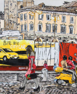 Walking Rome | 26 x 40 | ink, oil & acrylic on canvas | by Brooke Harker | SOLD